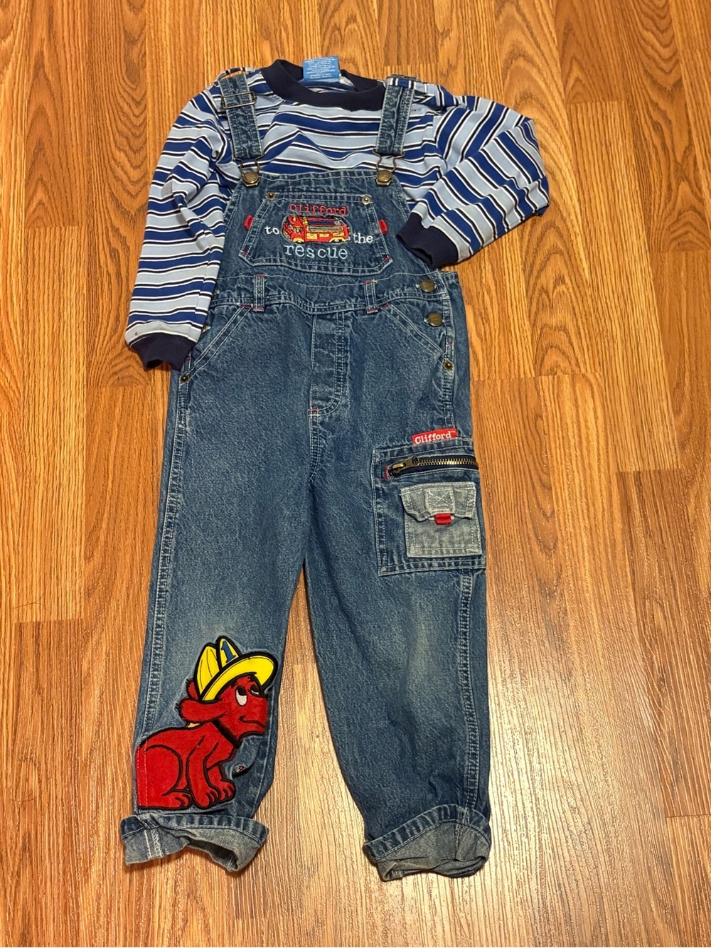 Clifford Kids' Red Graphic Denim Overalls with Striped Top